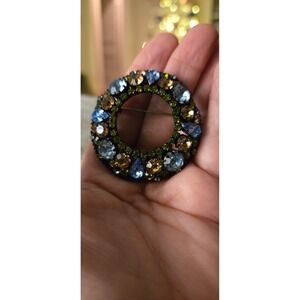 Austrian Crystal Brooch Black Enamel Circle Wreath Aurora Borealis Vintage